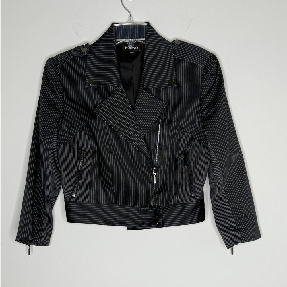 Bebe Women's Jacket Sz 6 Moto Cropped Pinstripe Bikercore Grunge Goth